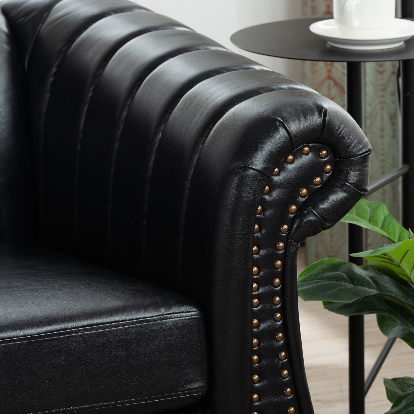 Modern 3 Seat Upholstered Couch, 83.46 PU Leather Rolled Arm Chesterfield Sofa for Living Room and Apartment