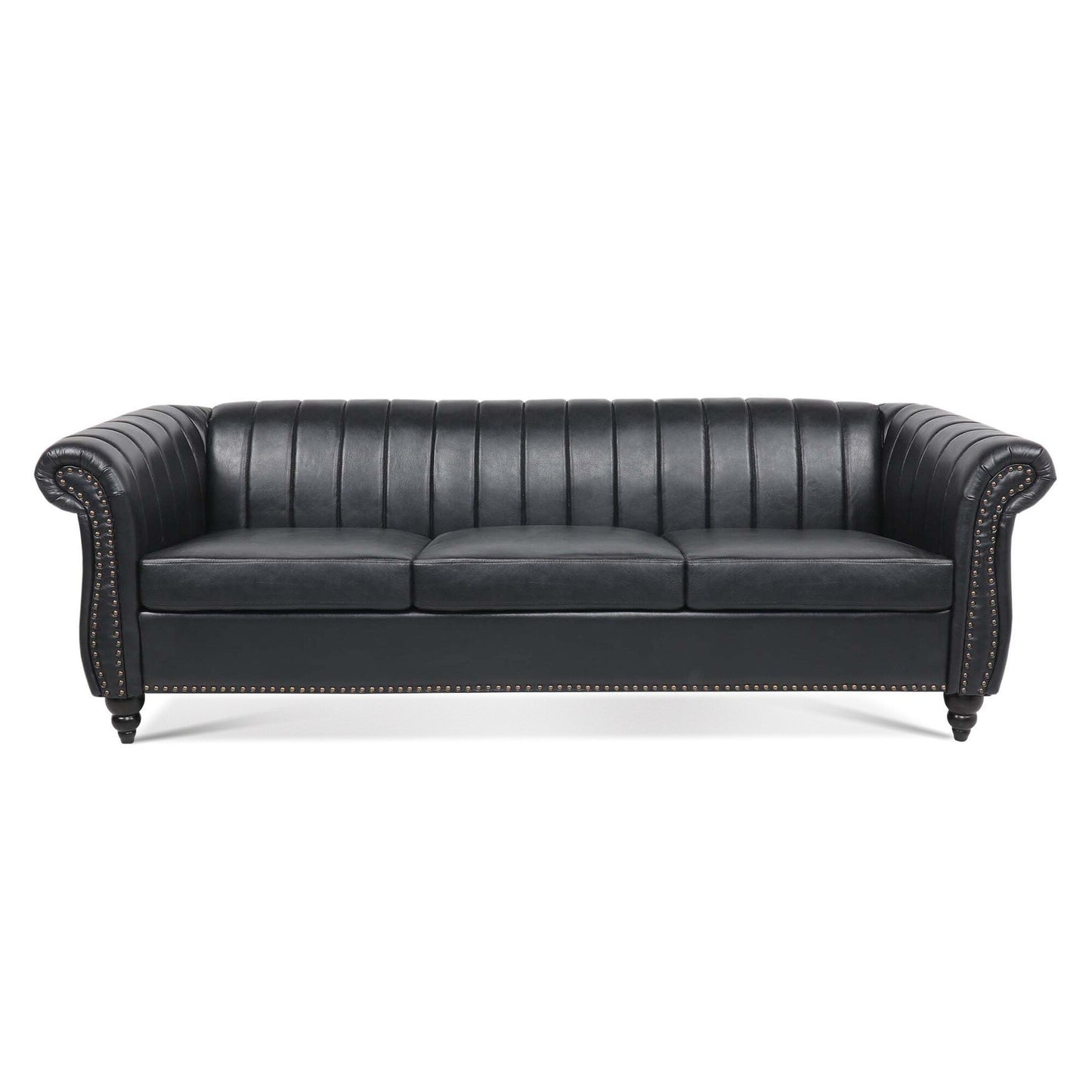 Modern 3 Seat Upholstered Couch, 83.46 PU Leather Rolled Arm Chesterfield Sofa for Living Room and Apartment