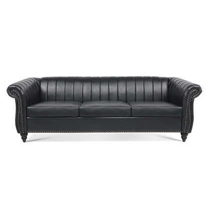 Modern 3 Seat Upholstered Couch, 83.46 PU Leather Rolled Arm Chesterfield Sofa for Living Room and Apartment