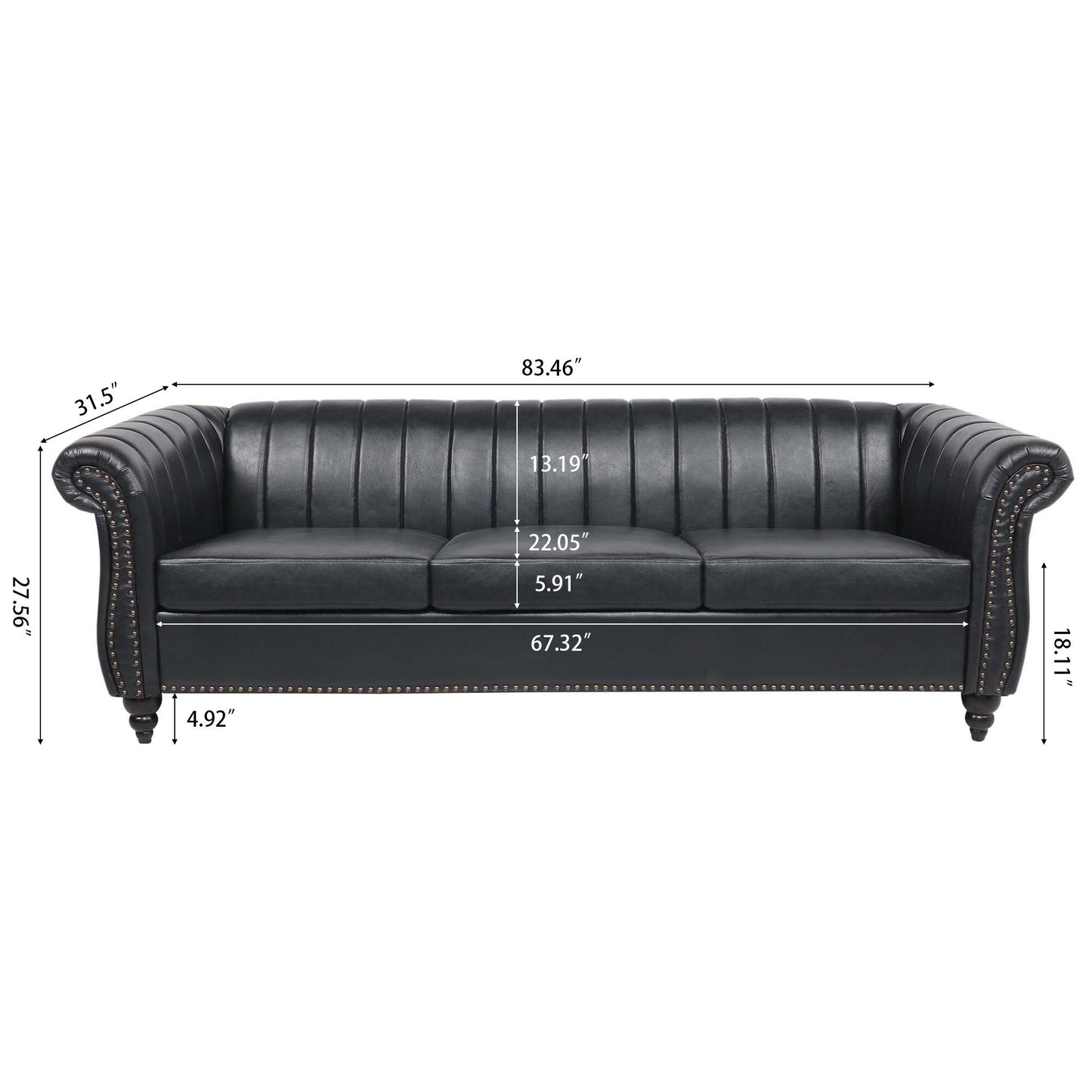 Modern 3 Seat Upholstered Couch, 83.46 PU Leather Rolled Arm Chesterfield Sofa for Living Room and Apartment