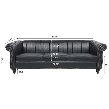 Modern 3 Seat Upholstered Couch, 83.46 PU Leather Rolled Arm Chesterfield Sofa for Living Room and Apartment