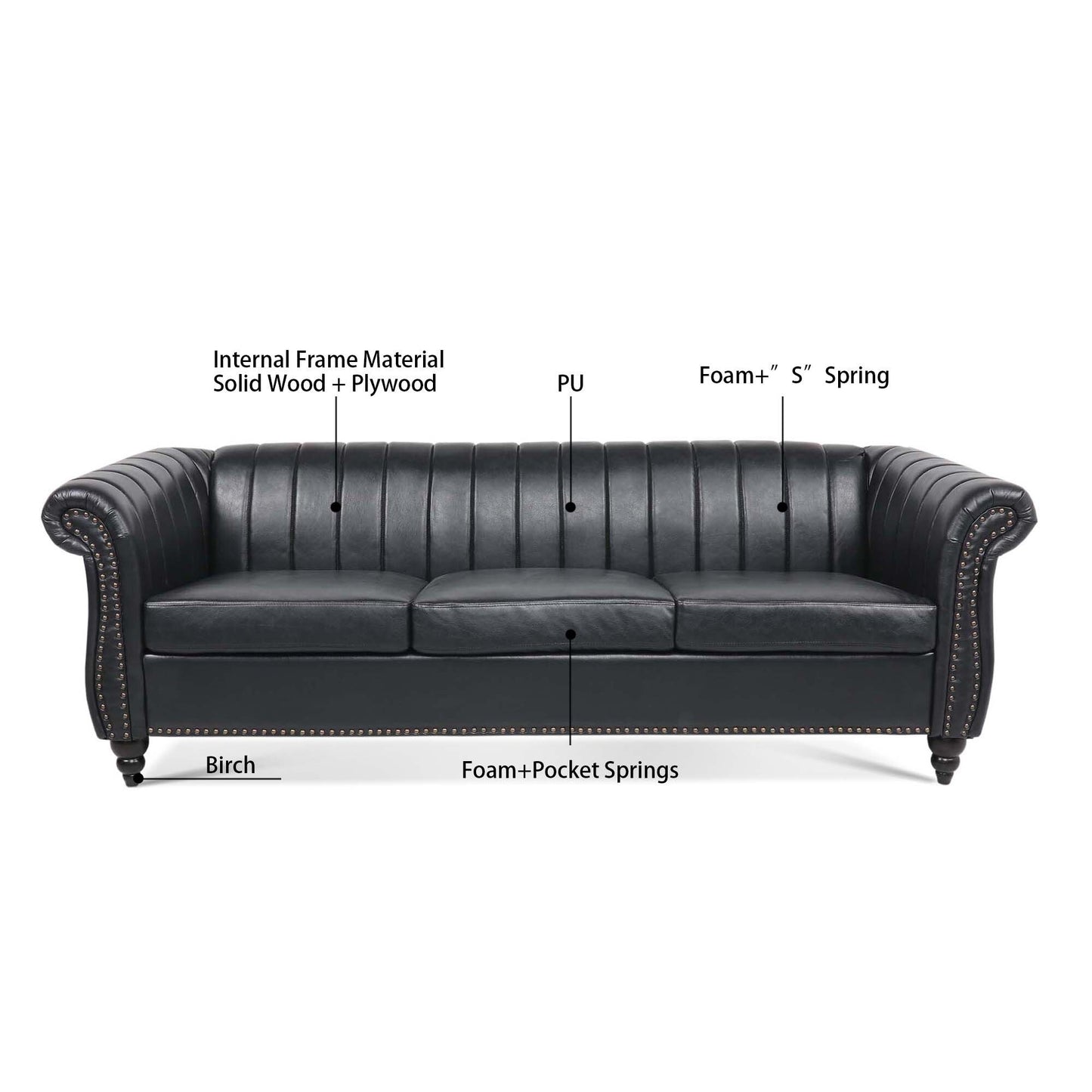 Modern 3 Seat Upholstered Couch, 83.46 PU Leather Rolled Arm Chesterfield Sofa for Living Room and Apartment