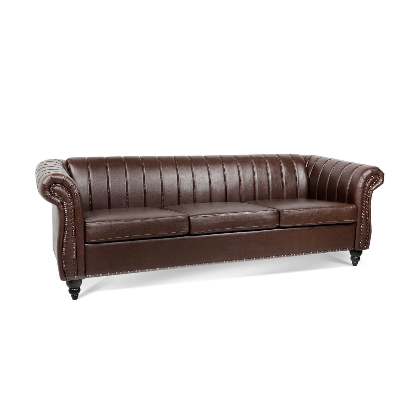 Modern 3 Seat Upholstered Couch, 83.46 PU Leather Rolled Arm Chesterfield Sofa for Living Room and Apartment