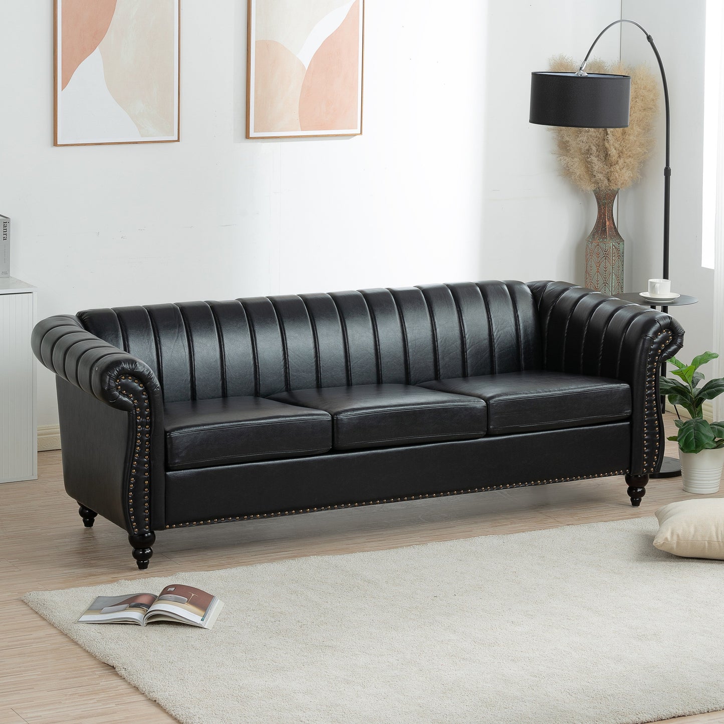 Modern 3 Seat Upholstered Couch, 83.46 PU Leather Rolled Arm Chesterfield Sofa for Living Room and Apartment