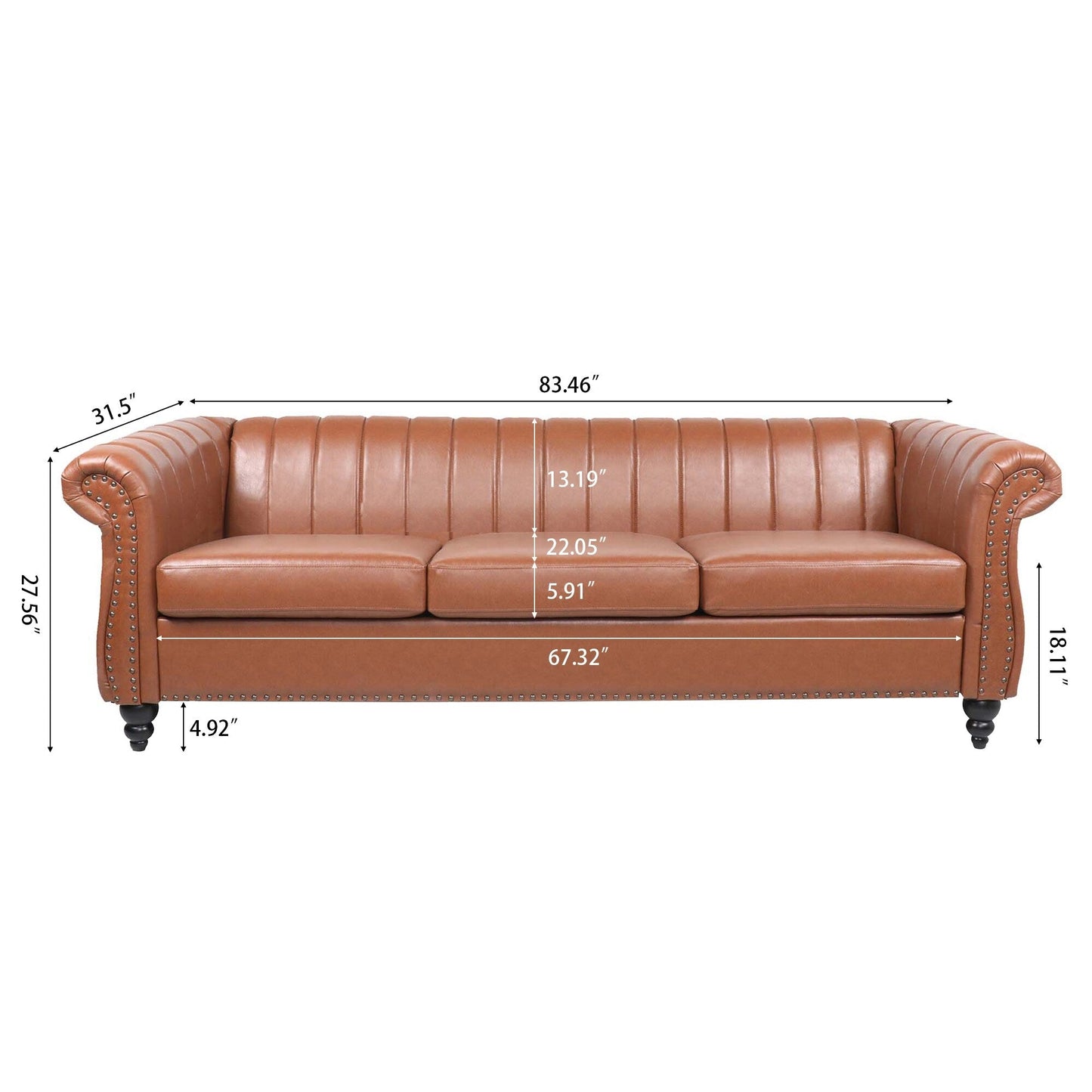 Modern 3 Seat Upholstered Couch, 83.46 PU Leather Rolled Arm Chesterfield Sofa for Living Room and Apartment