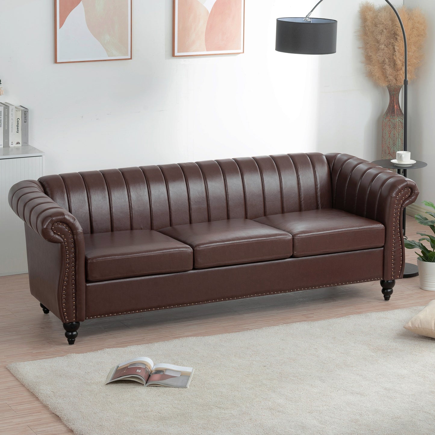 Modern 3 Seat Upholstered Couch, 83.46 PU Leather Rolled Arm Chesterfield Sofa for Living Room and Apartment