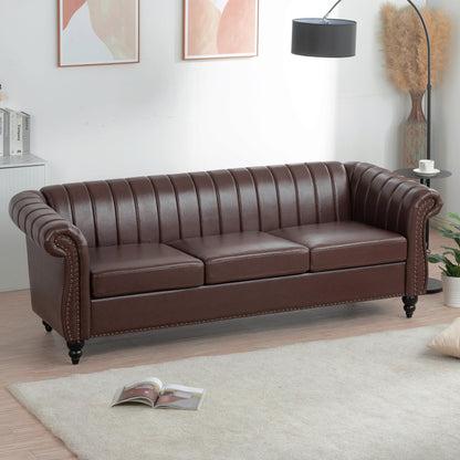 Modern 3 Seat Upholstered Couch, 83.46 PU Leather Rolled Arm Chesterfield Sofa for Living Room and Apartment