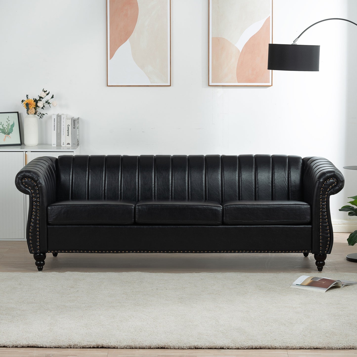 Modern 3 Seat Upholstered Couch, 83.46 PU Leather Rolled Arm Chesterfield Sofa for Living Room and Apartment