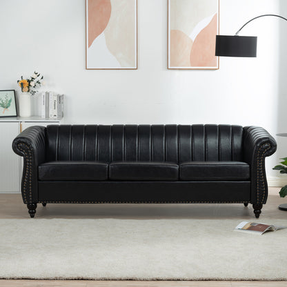 Modern 3 Seat Upholstered Couch, 83.46 PU Leather Rolled Arm Chesterfield Sofa for Living Room and Apartment