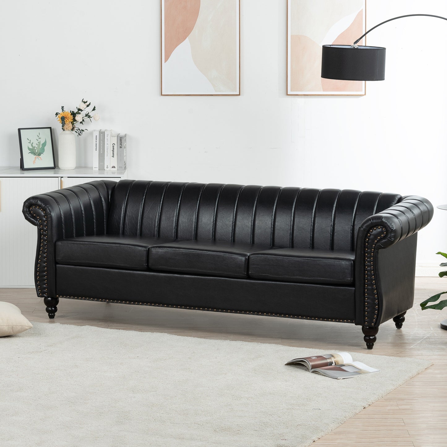 Modern 3 Seat Upholstered Couch, 83.46 PU Leather Rolled Arm Chesterfield Sofa for Living Room and Apartment