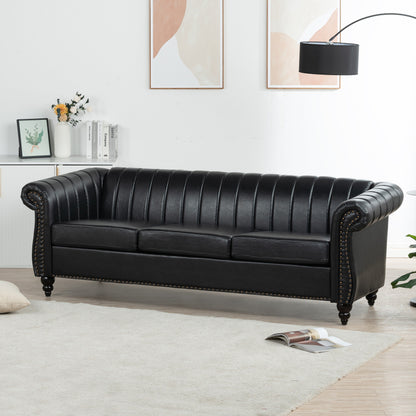 Modern 3 Seat Upholstered Couch, 83.46 PU Leather Rolled Arm Chesterfield Sofa for Living Room and Apartment