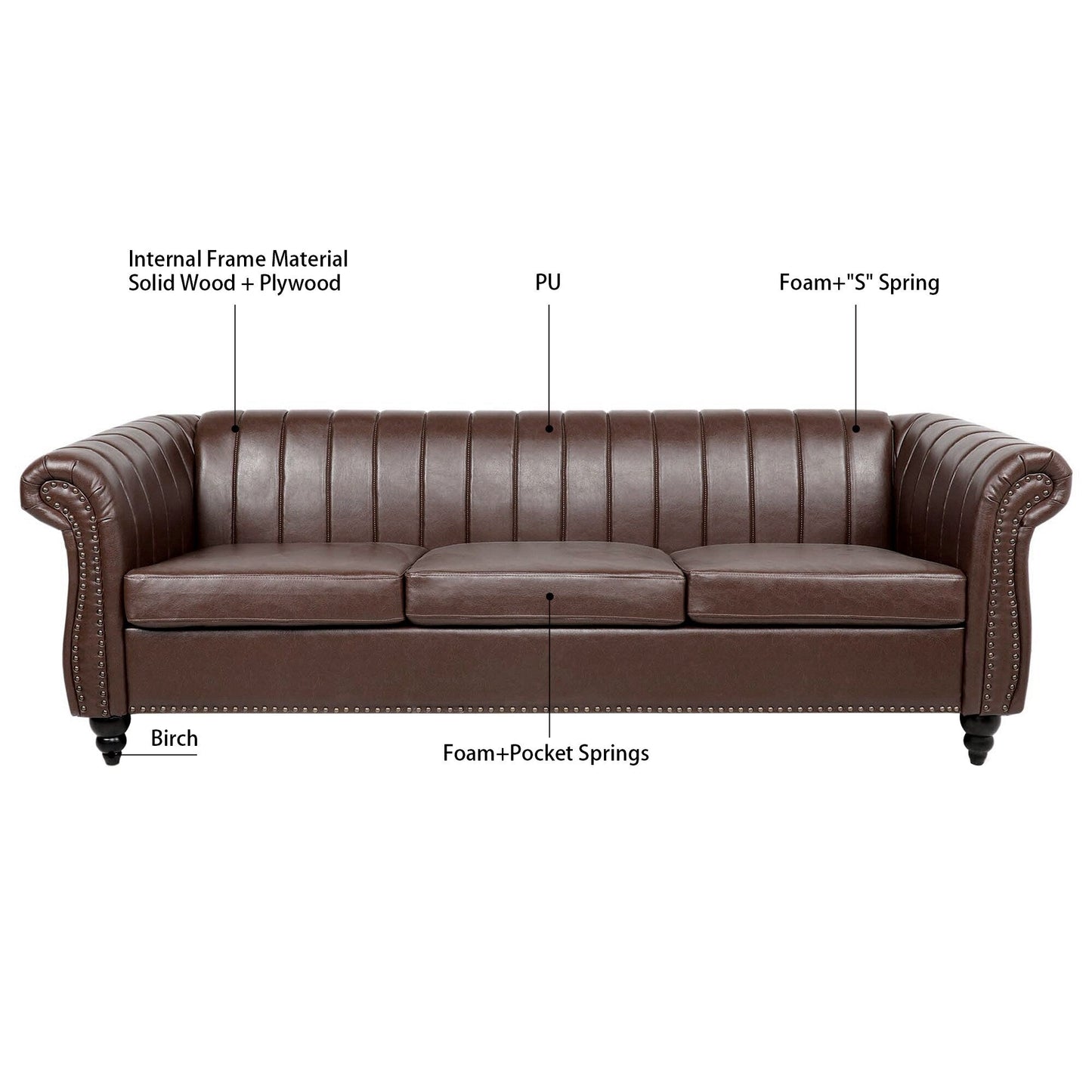 Modern 3 Seat Upholstered Couch, 83.46 PU Leather Rolled Arm Chesterfield Sofa for Living Room and Apartment