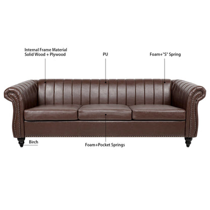 Modern 3 Seat Upholstered Couch, 83.46 PU Leather Rolled Arm Chesterfield Sofa for Living Room and Apartment