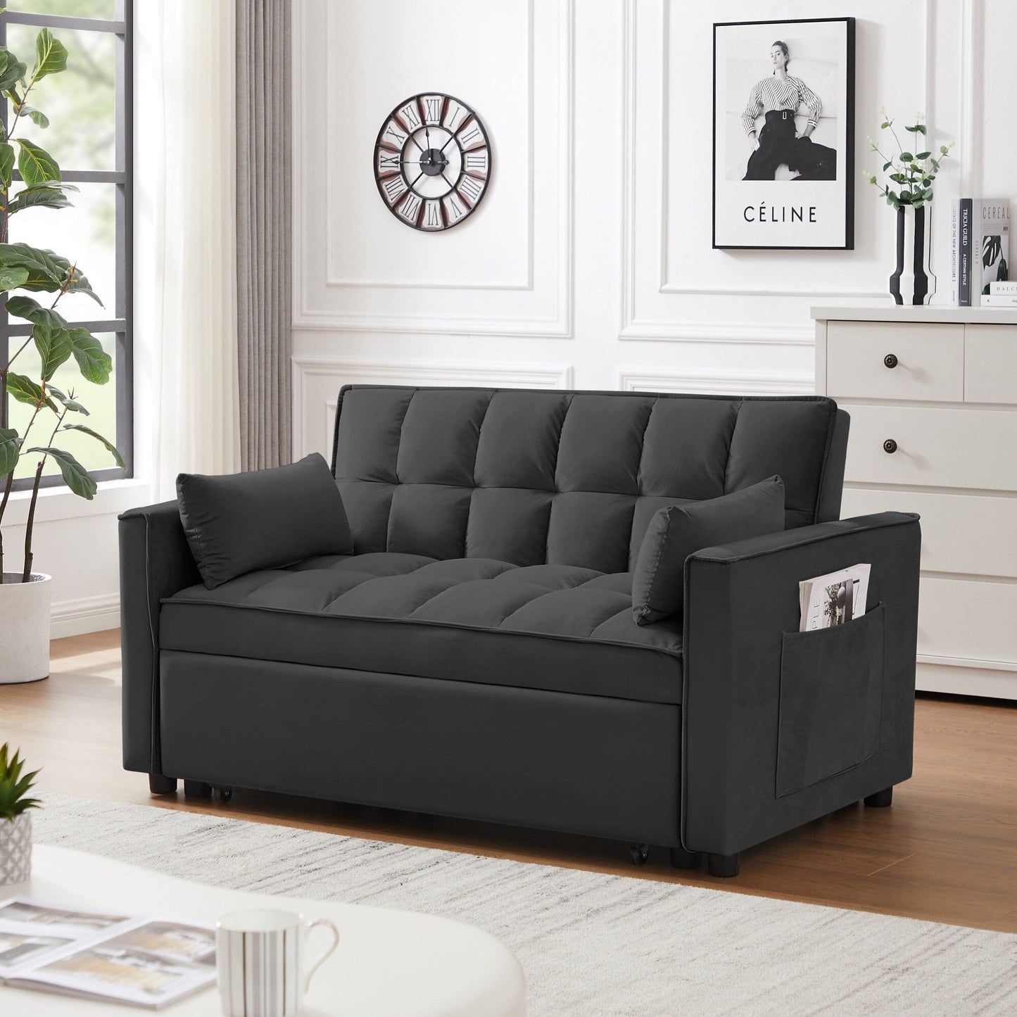 Modern 3 in 1 Convertible Velvet Loveseat Futon Sofa Couch with Pullout Bed