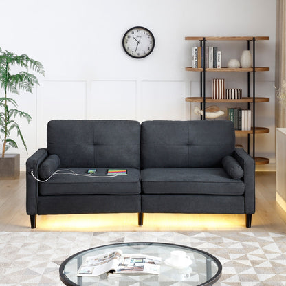 Modern 75.2 Linen 3-seater Sofa with LED Lights and 2 USB Ports for Living Room