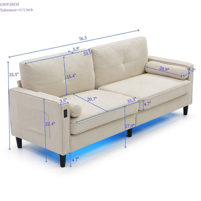 Modern 75.2 Linen 3-seater Sofa with LED Lights and 2 USB Ports for Living Room