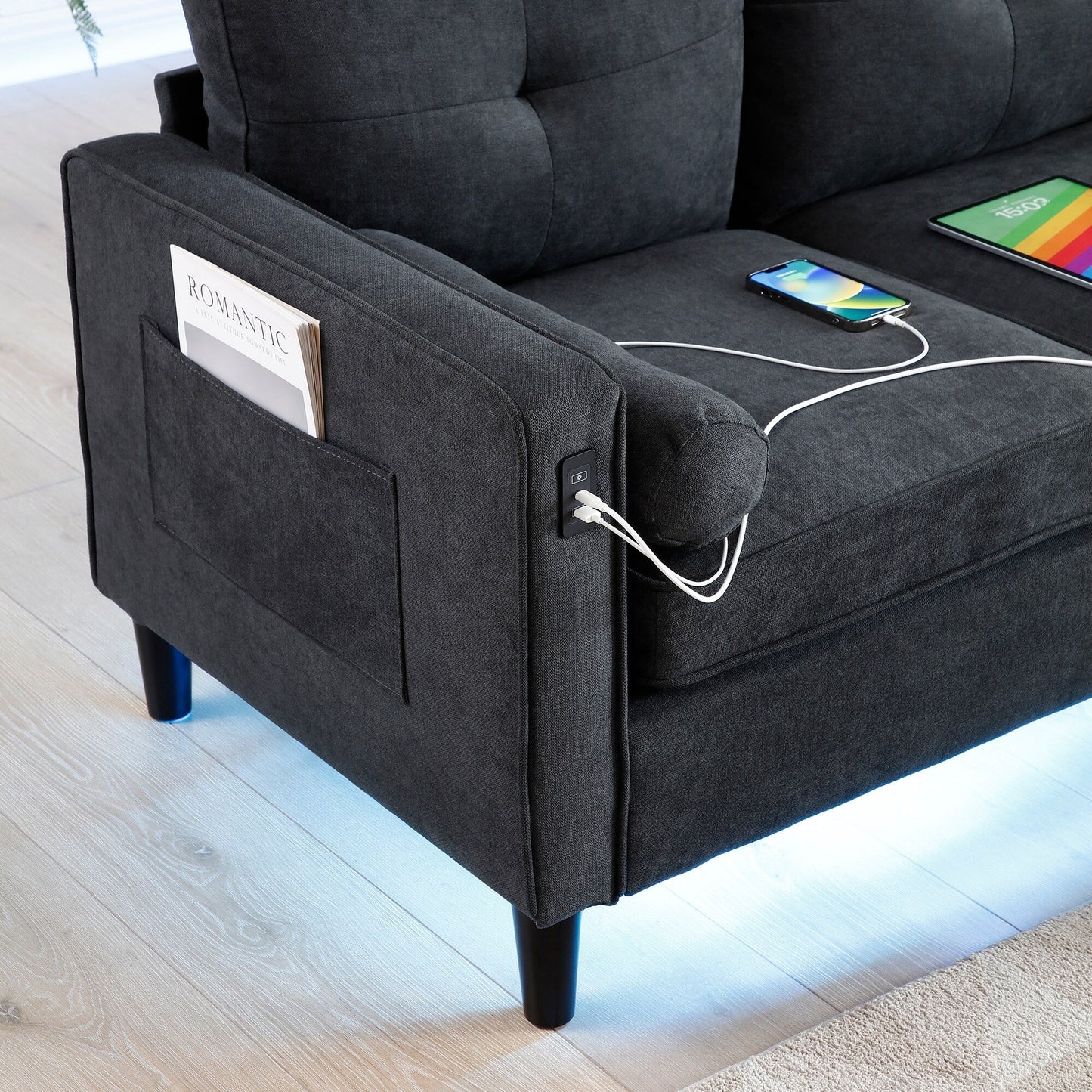 Modern 75.2 Linen 3-seater Sofa with LED Lights and 2 USB Ports for Living Room