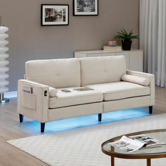 Modern 75.2 Linen 3-seater Sofa with LED Lights and 2 USB Ports for Living Room