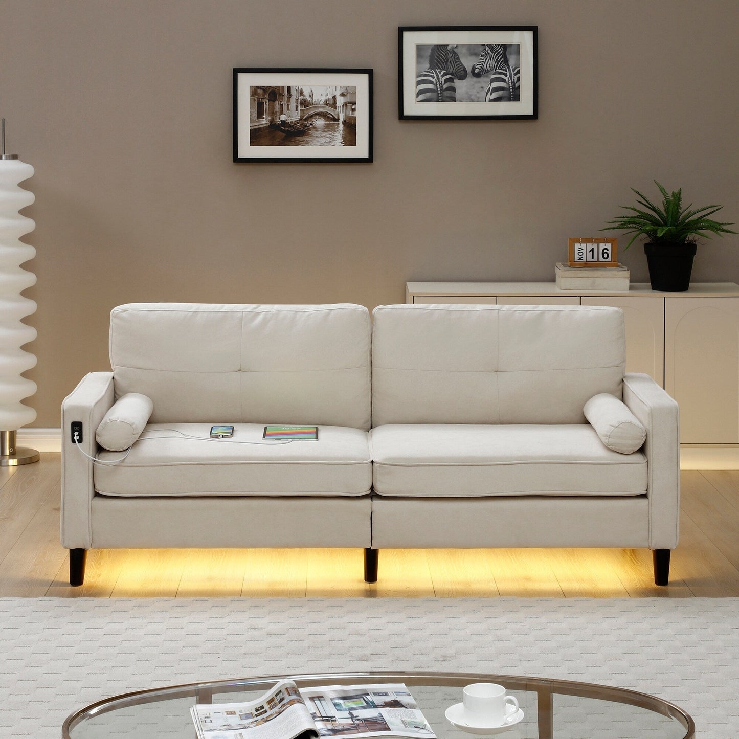 Modern 75.2 Linen 3-seater Sofa with LED Lights and 2 USB Ports for Living Room