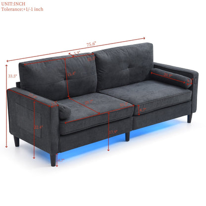 Modern 75.2 Linen 3-seater Sofa with LED Lights and 2 USB Ports for Living Room
