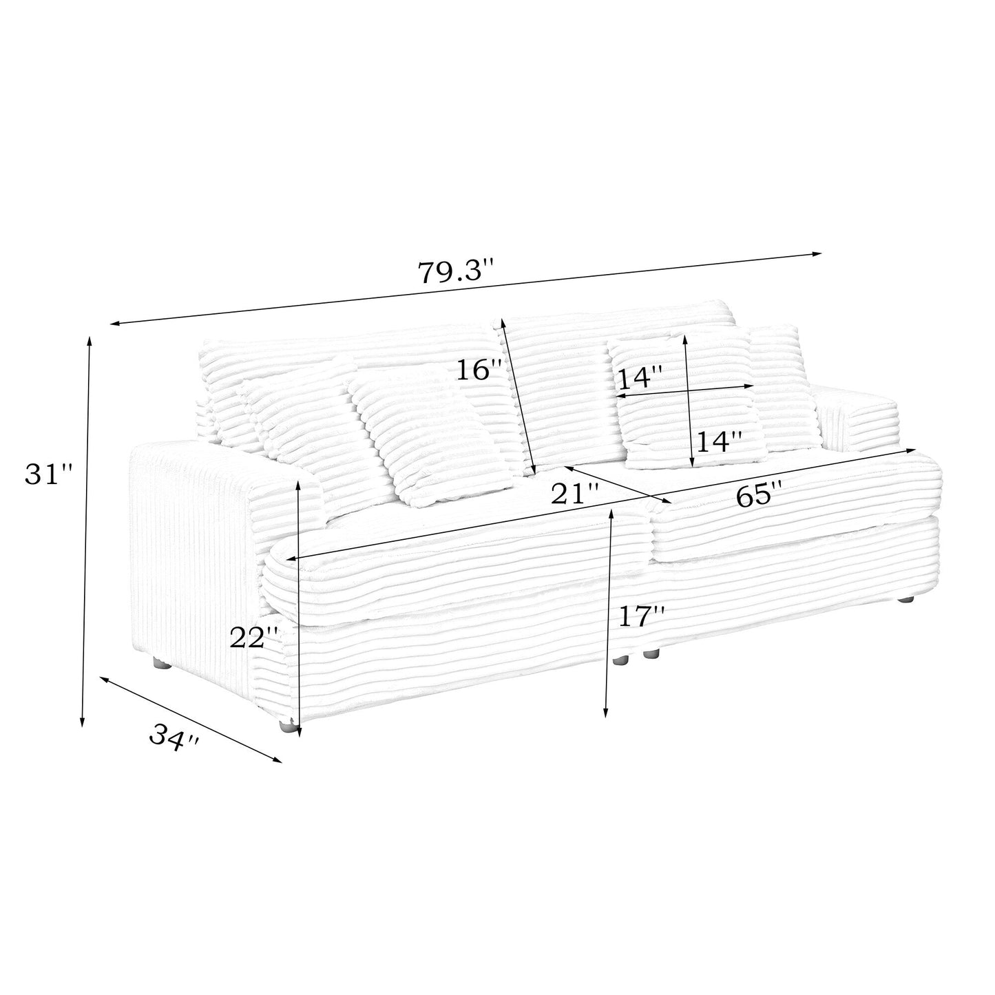 Modern 79.3 Upholstered Couch, Corduroy 3 Seat Sofa with 4 Toss Pillows for Living Room and Apartment