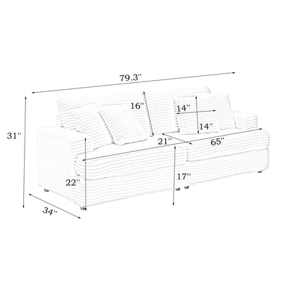 Modern 79.3 Upholstered Couch, Corduroy 3 Seat Sofa with 4 Toss Pillows for Living Room and Apartment