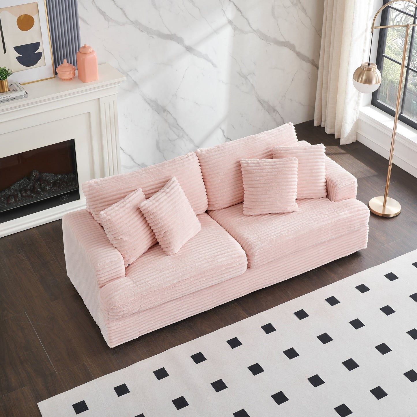 Modern 79.3 Upholstered Couch, Corduroy 3 Seat Sofa with 4 Toss Pillows for Living Room and Apartment