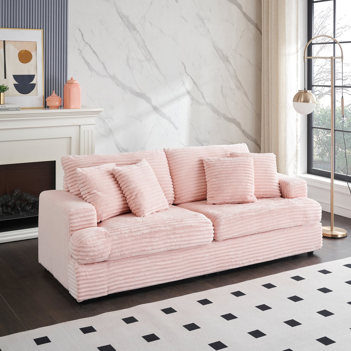 Modern 79.3 Upholstered Couch, Corduroy 3 Seat Sofa with 4 Toss Pillows for Living Room and Apartment
