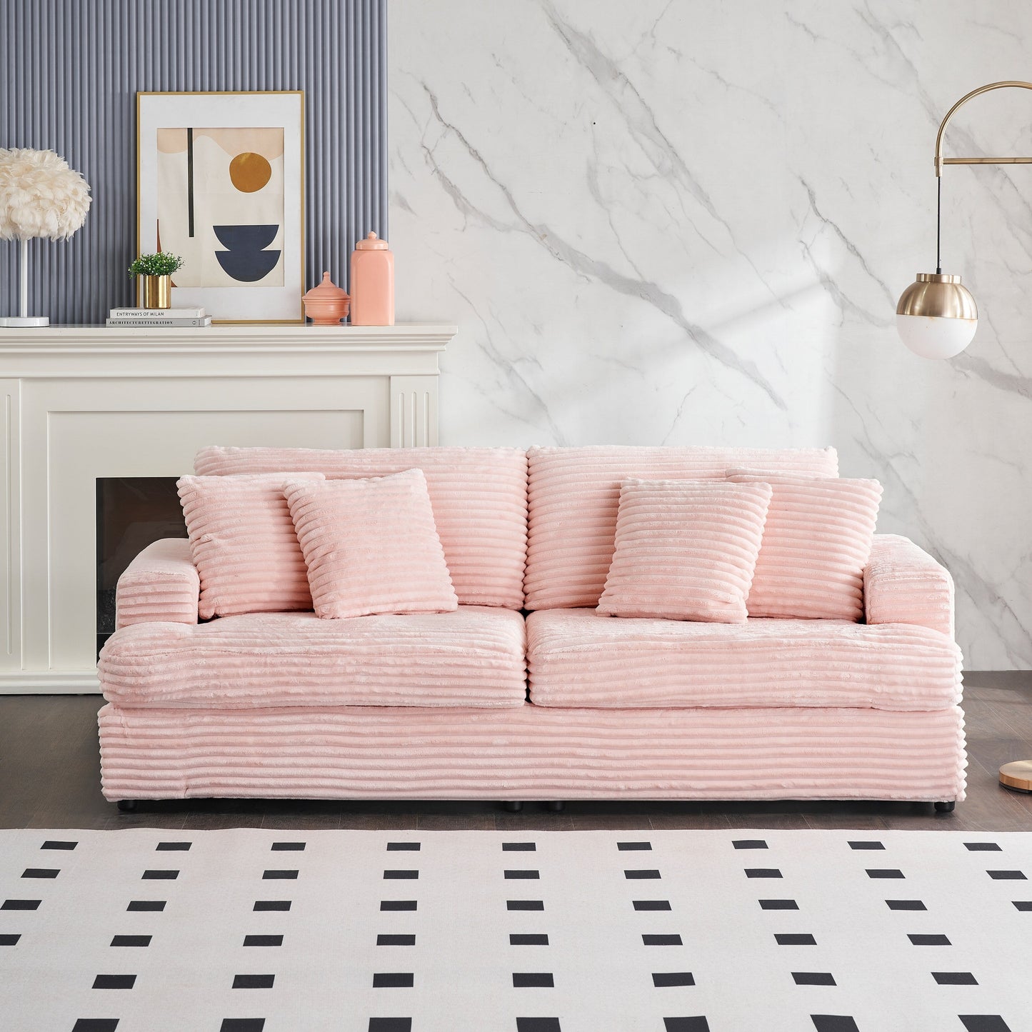 Modern 79.3 Upholstered Couch, Corduroy 3 Seat Sofa with 4 Toss Pillows for Living Room and Apartment