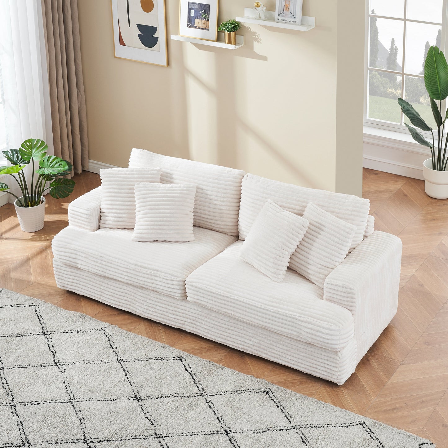Modern 79.3 Upholstered Couch, Corduroy 3 Seat Sofa with 4 Toss Pillows for Living Room and Apartment