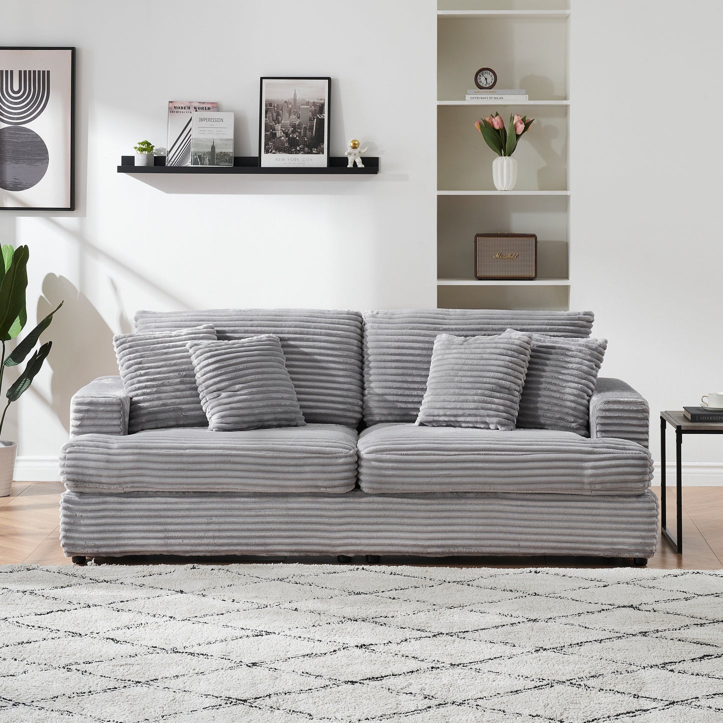 Modern 79.3 Upholstered Couch, Corduroy 3 Seat Sofa with 4 Toss Pillows for Living Room and Apartment