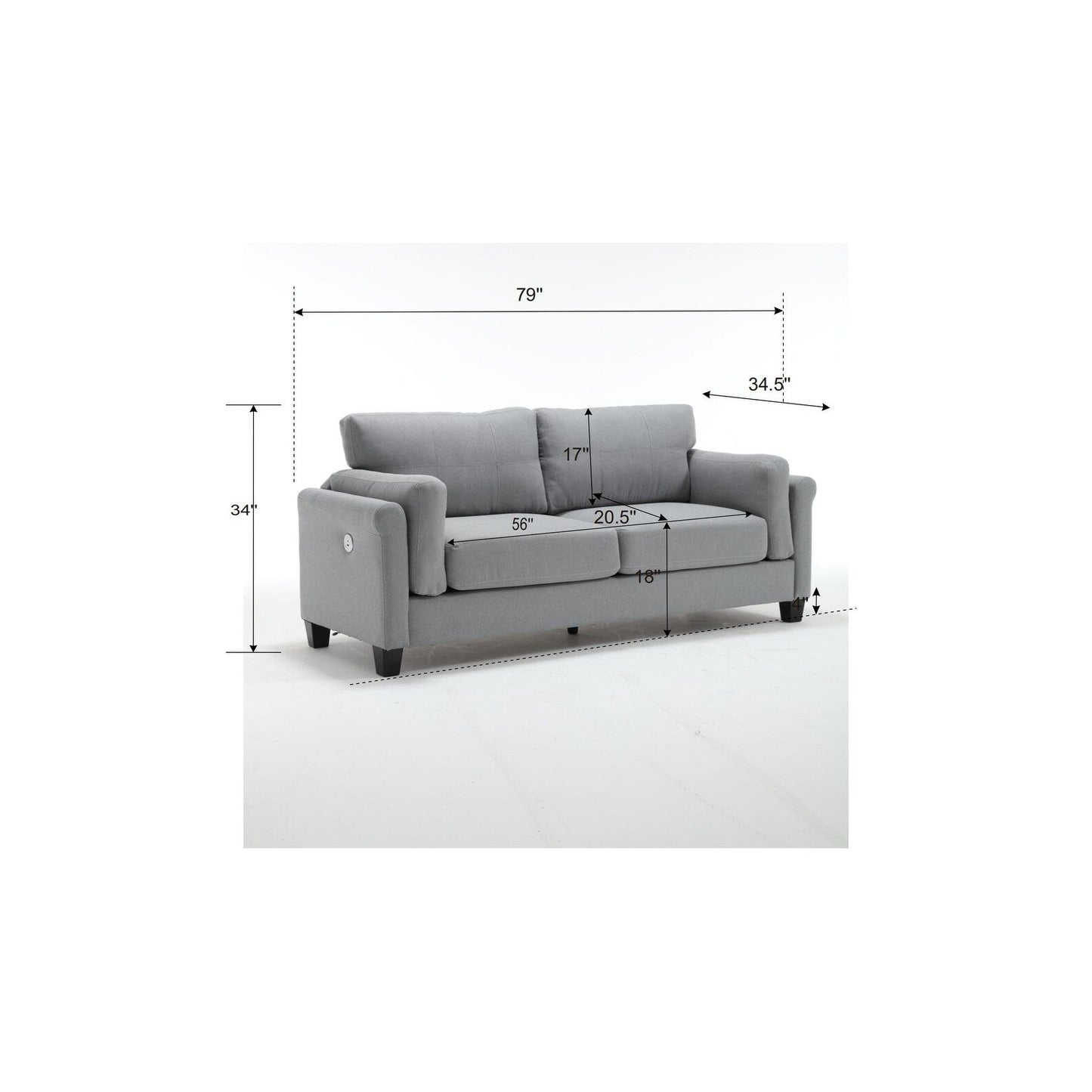 Modern 79 Button Tufted Linen Upholstered 3-seater Sofa with 2 USB Ports and Solid Square Plastic Foot