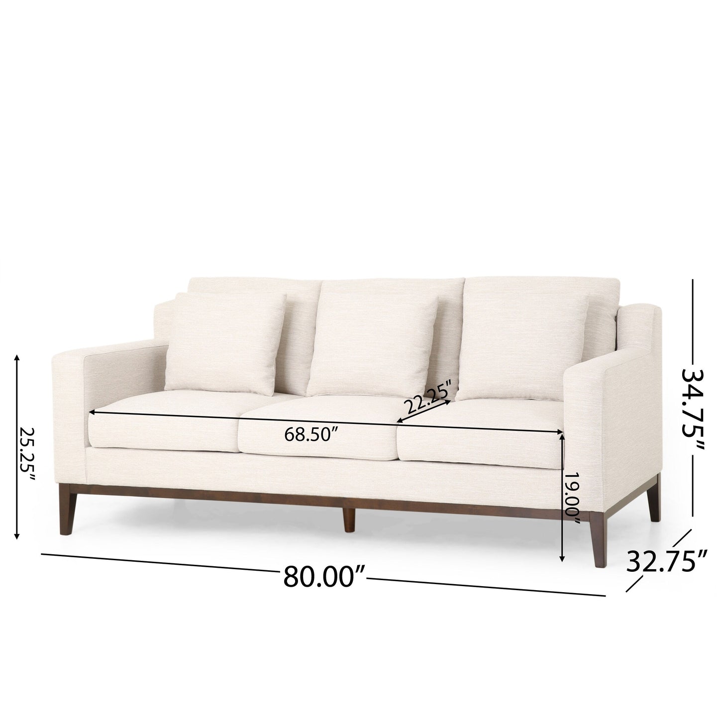 Modern 80 3-seater Sofa with Wood Legs and Matching Pillows for Living Room