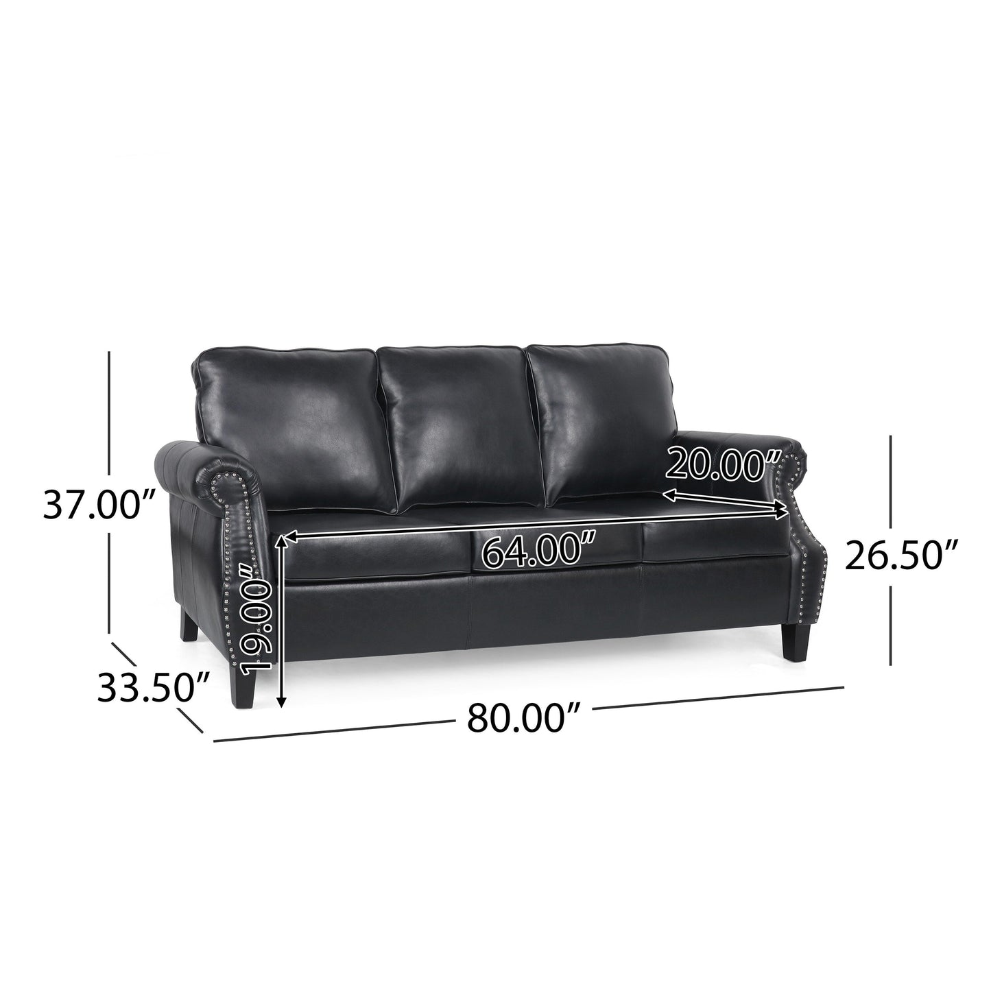 Modern 80 Faux Leather 3-seater Sofa with Birch Wood Legs and Nailheads for Living Room