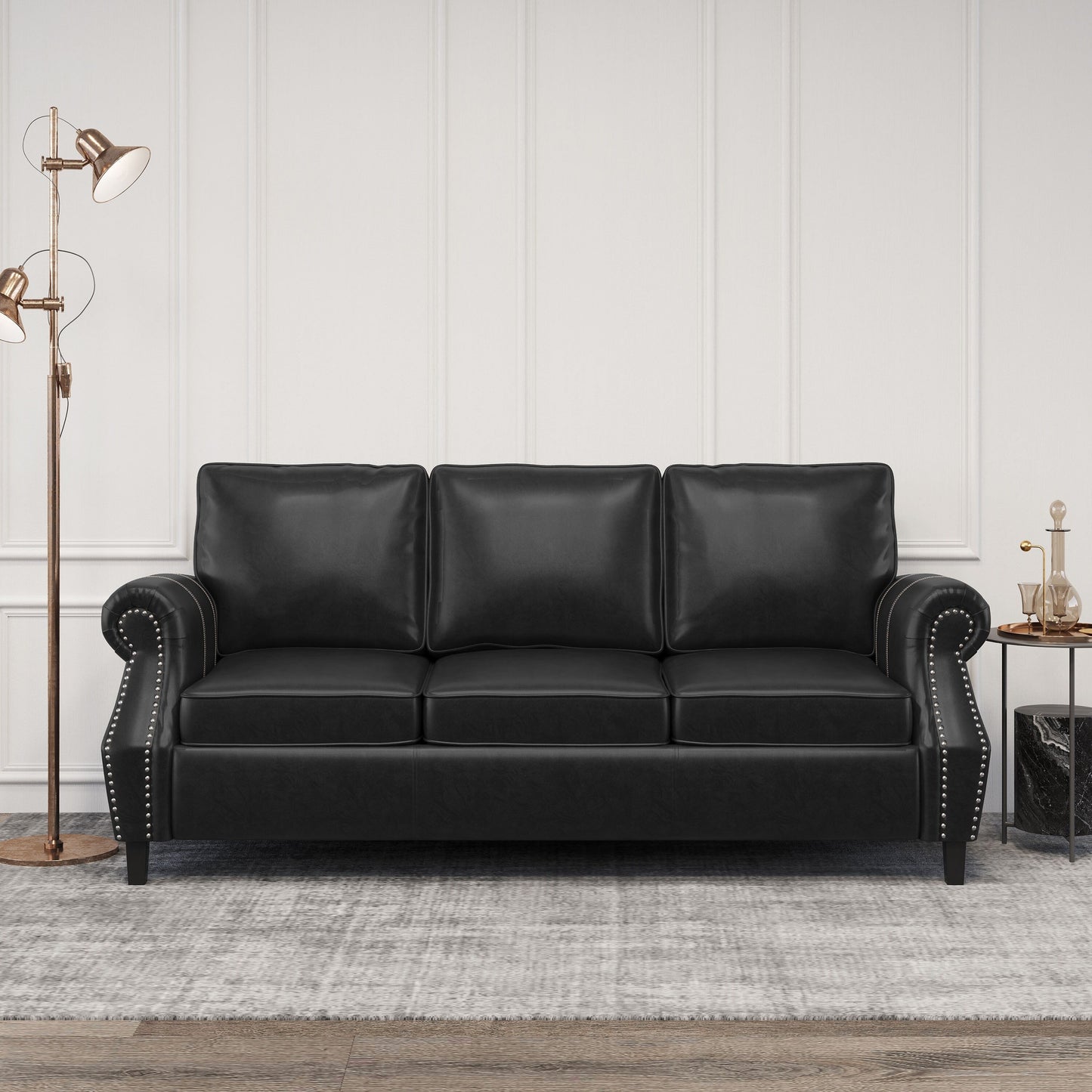 Modern 80 Faux Leather 3-seater Sofa with Birch Wood Legs and Nailheads for Living Room