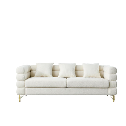 Modern 81-Inch Fabric 3-Seat Sectional Sofa with Gold Metal Legs and 3 Pillows for Living Room Bedroom