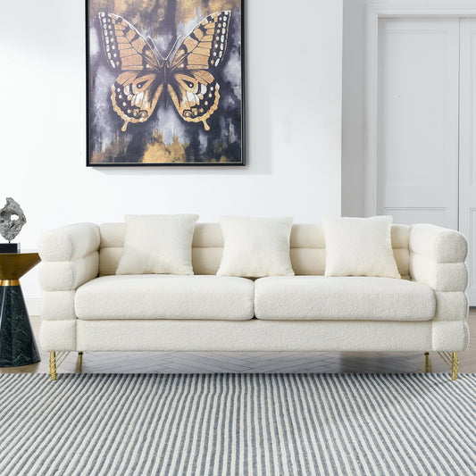 Modern 81-Inch Fabric 3-Seat Sectional Sofa with Gold Metal Legs and 3 Pillows for Living Room Bedroom