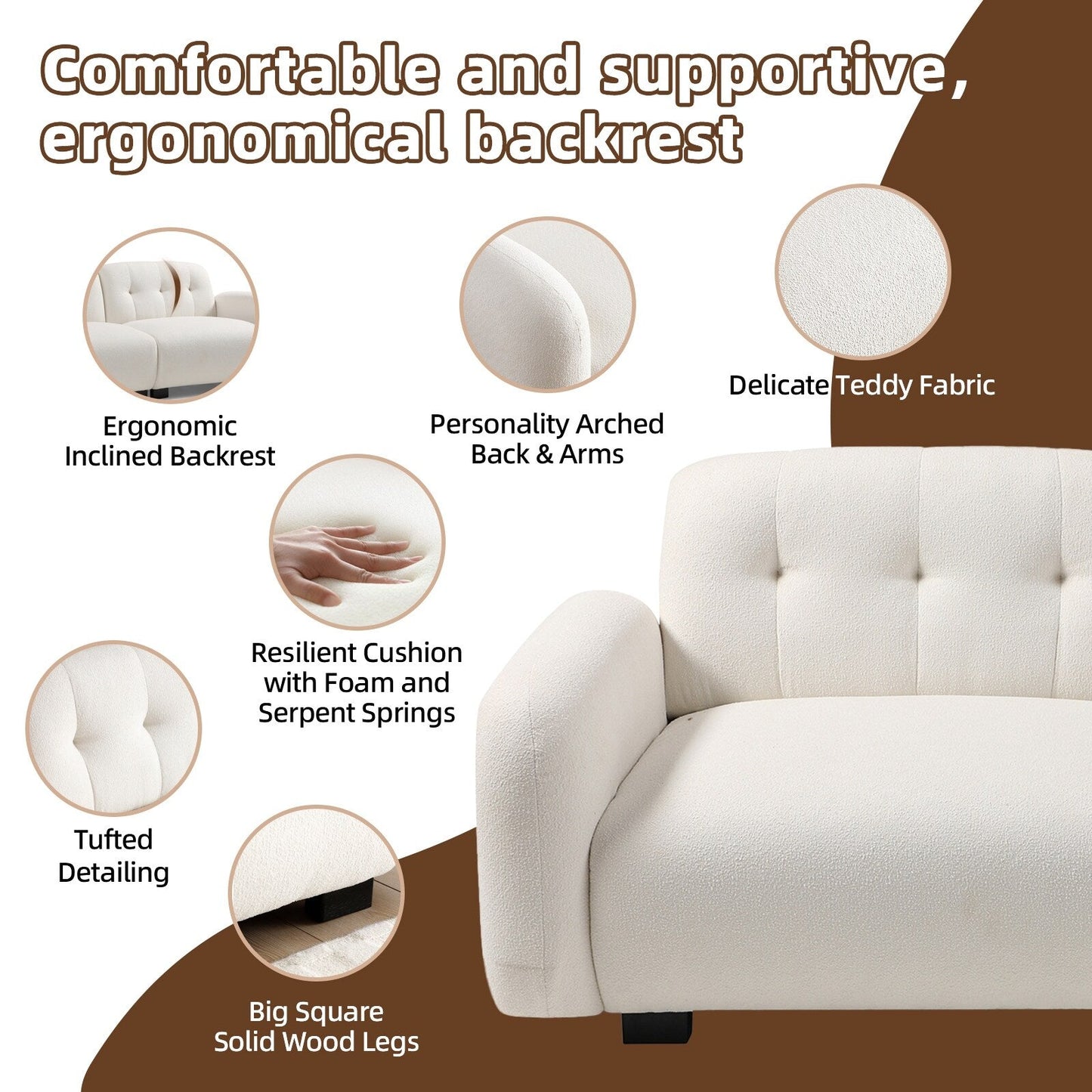 Modern 81.48 Teddy 3-seater Deep Seat Sofa with Wooden Legs and Upholstered for Living Room