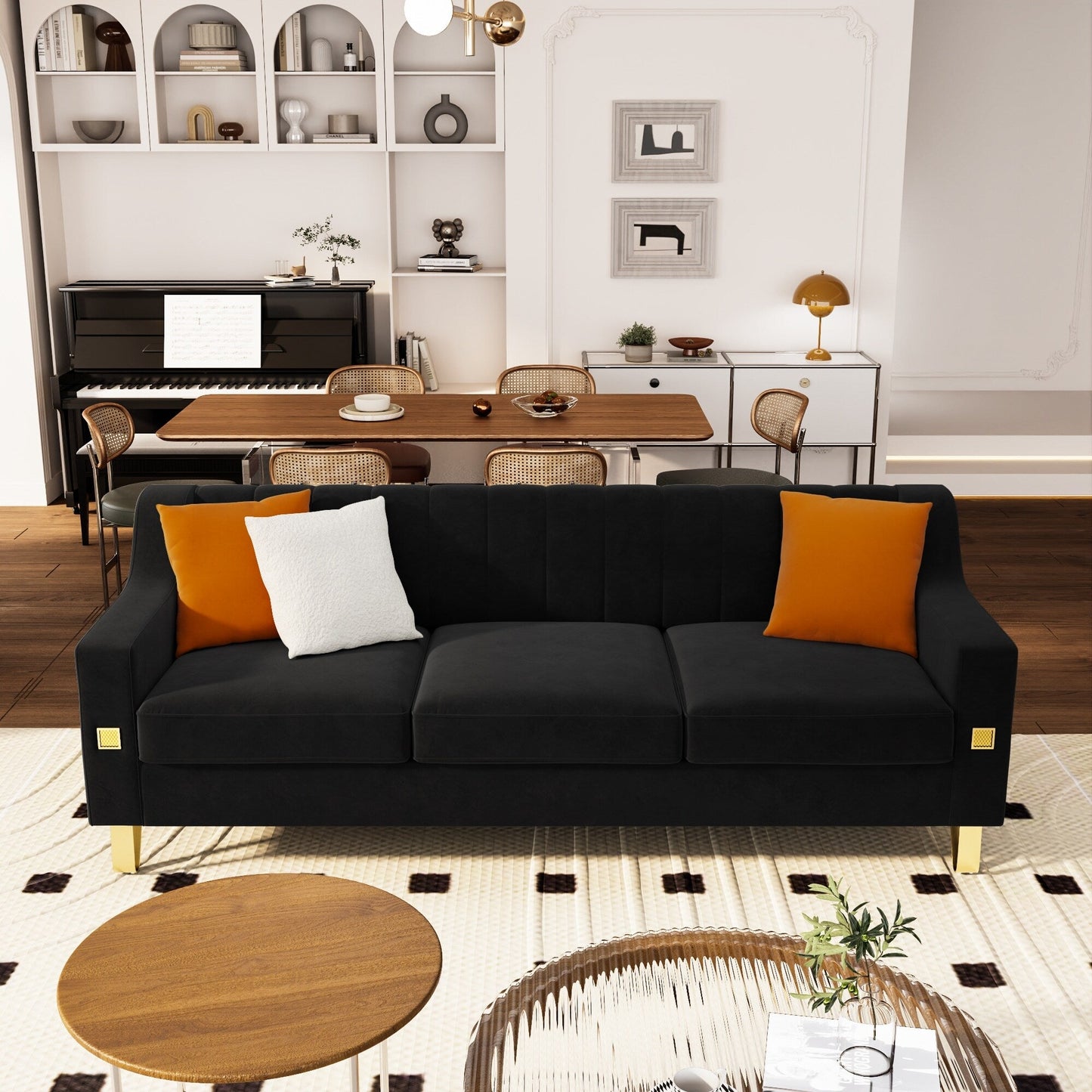 Modern 81.89 Velvet 3-seater Sofa with Gold Accents and Plush Cushions for Living Room