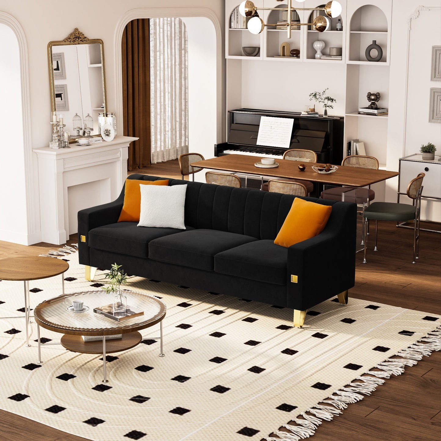 Modern 81.89 Velvet 3-seater Sofa with Gold Accents and Plush Cushions for Living Room
