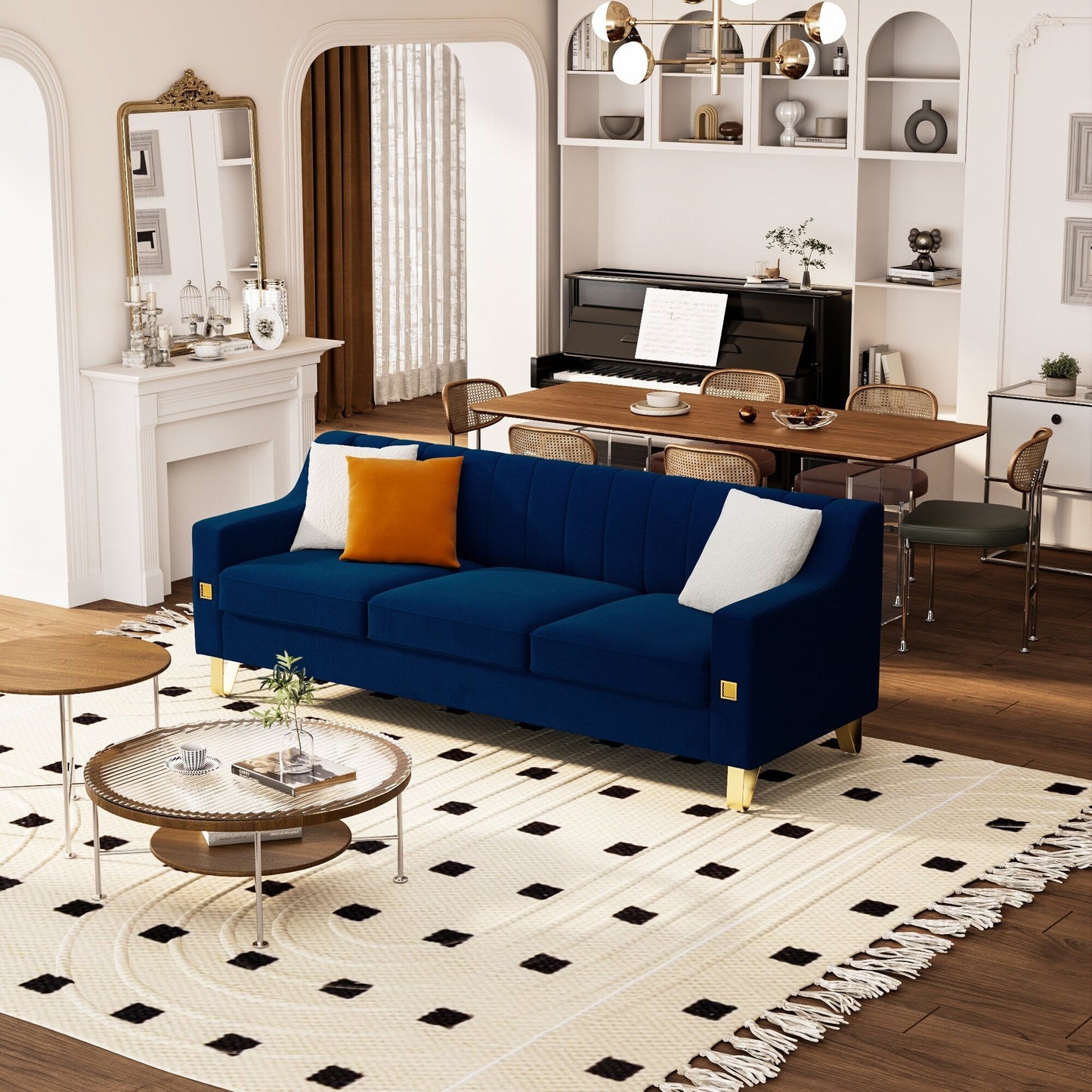 Modern 81.89 Velvet 3-seater Sofa with Gold Accents and Plush Cushions for Living Room