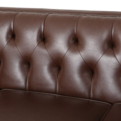 Modern 81 Faux Leather Button Tufted 3-seater Sofa with Wood Legs for Living Room