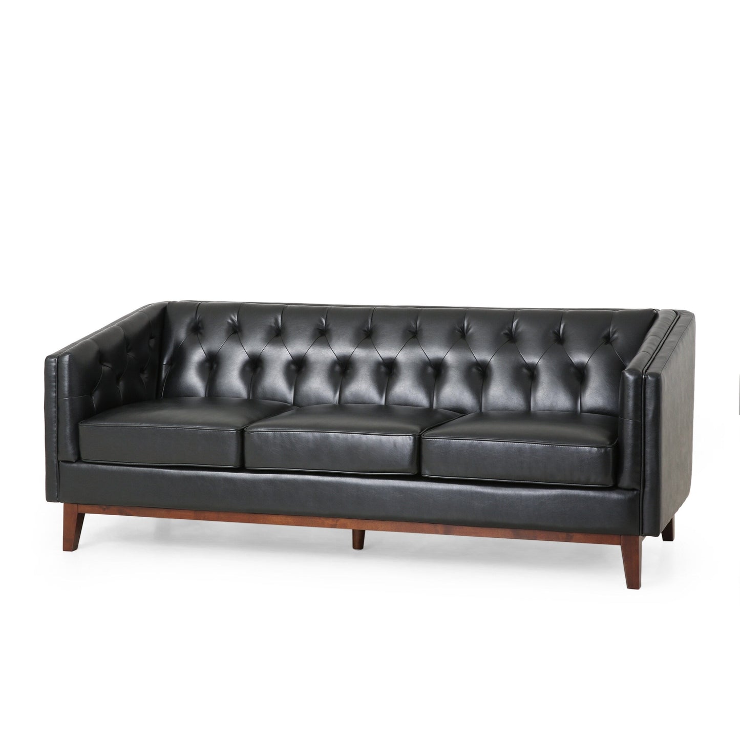 Modern 81 Faux Leather Button Tufted 3-seater Sofa with Wood Legs for Living Room