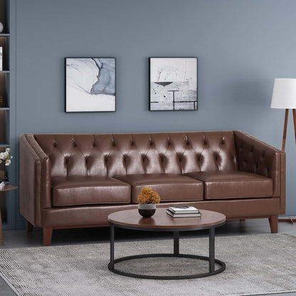 Modern 81 Faux Leather Button Tufted 3-seater Sofa with Wood Legs for Living Room