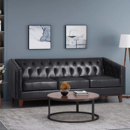 Modern 81 Faux Leather Button Tufted 3-seater Sofa with Wood Legs for Living Room