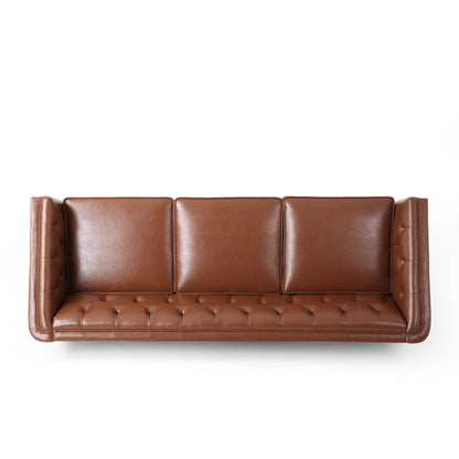 Modern 81 Faux Leather Button Tufted 3-seater Sofa with Wood Legs for Living Room