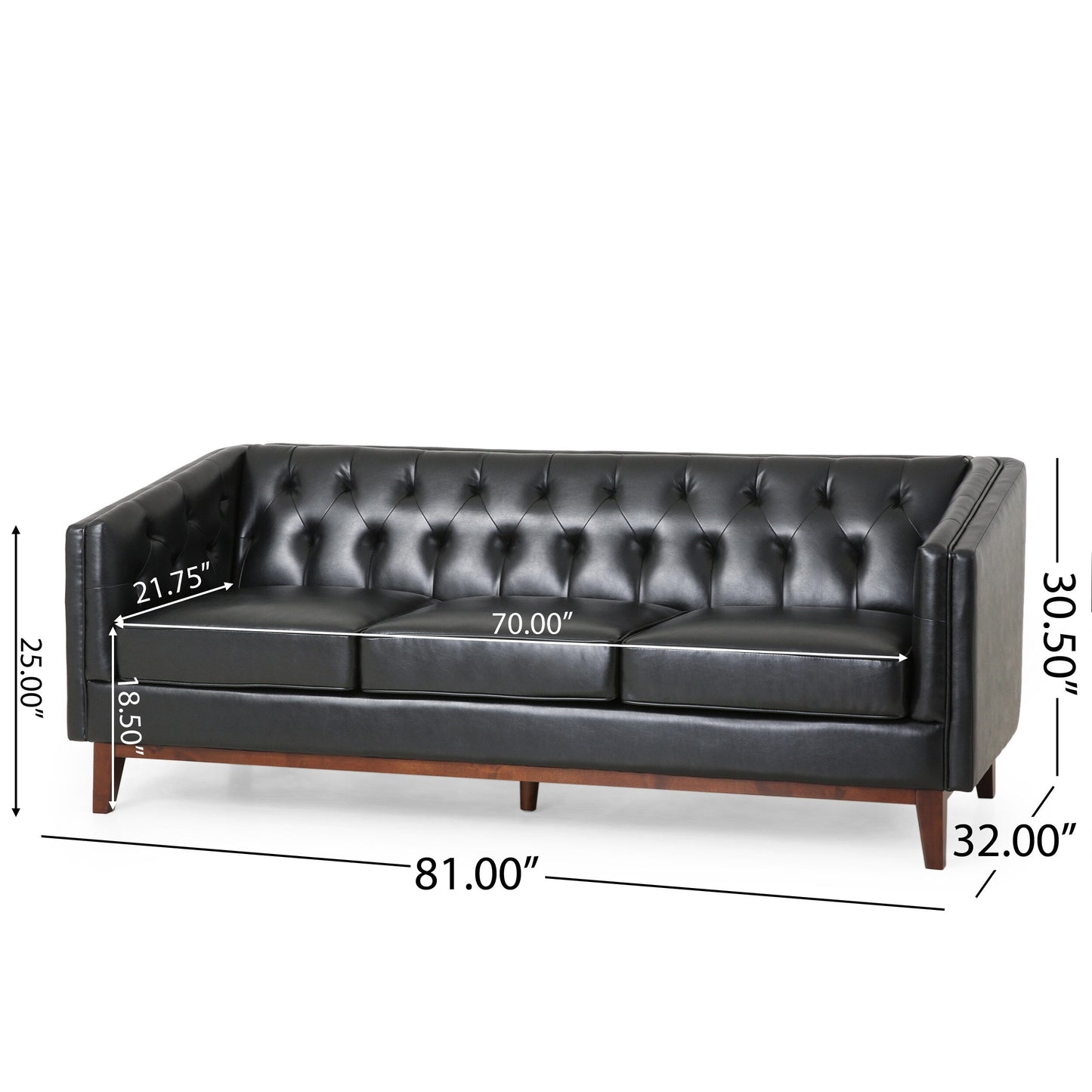 Modern 81 Faux Leather Button Tufted 3-seater Sofa with Wood Legs for Living Room