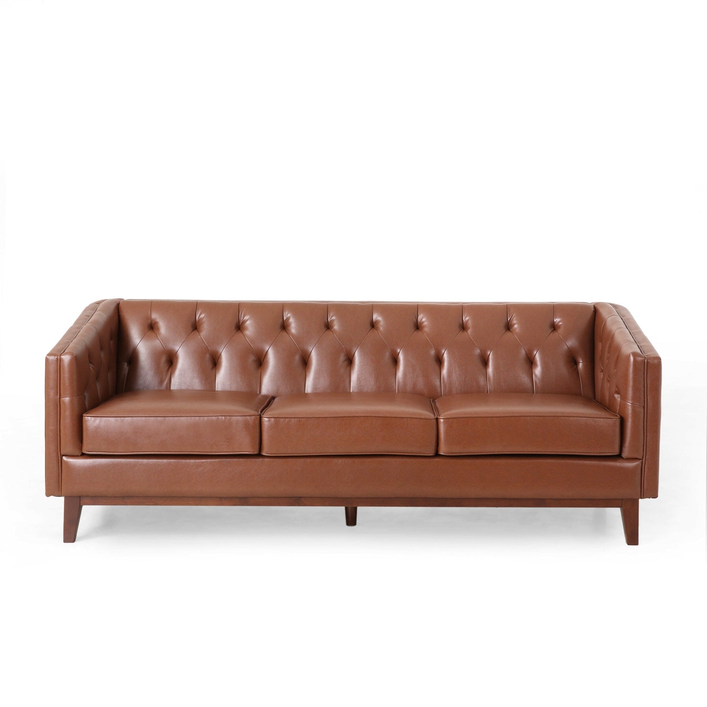 Modern 81 Faux Leather Button Tufted 3-seater Sofa with Wood Legs for Living Room