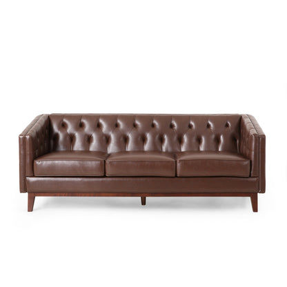 Modern 81 Faux Leather Button Tufted 3-seater Sofa with Wood Legs for Living Room