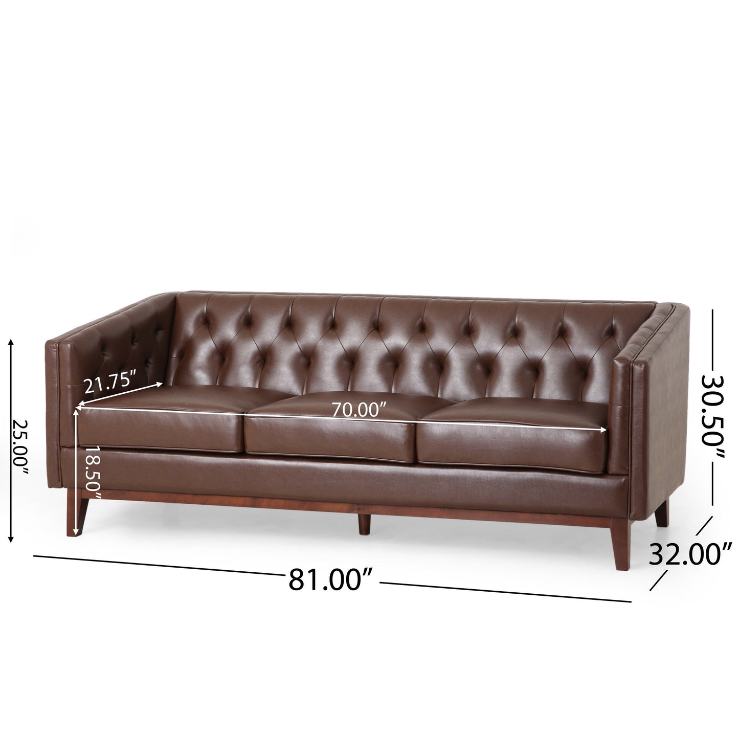 Modern 81 Faux Leather Button Tufted 3-seater Sofa with Wood Legs for Living Room
